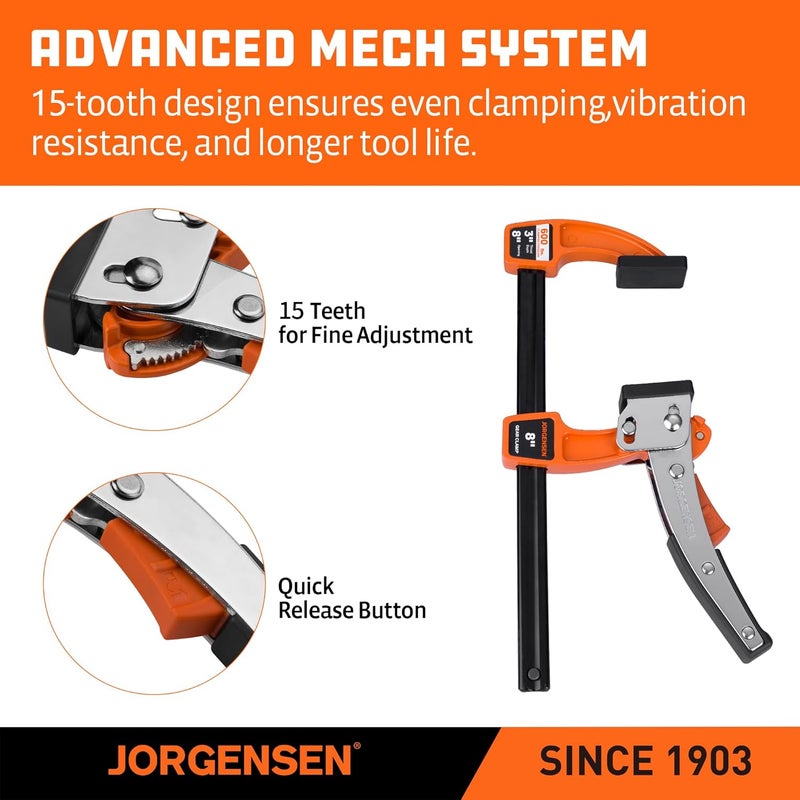 Jorgensen 8-inch Bar Clamp Set, Ratcheting Bar Clamp for Woodworking, Quick Release Gear Clamp with 600 lbs Load Limit - 2 Pack - Image 4